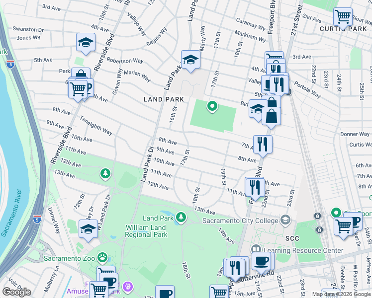 map of restaurants, bars, coffee shops, grocery stores, and more near 1680 8th Avenue in Sacramento