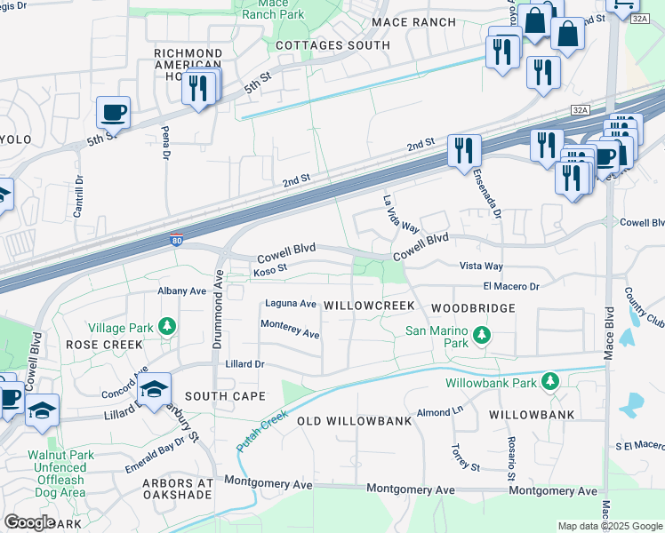 map of restaurants, bars, coffee shops, grocery stores, and more near 3534 Koso Street in Davis