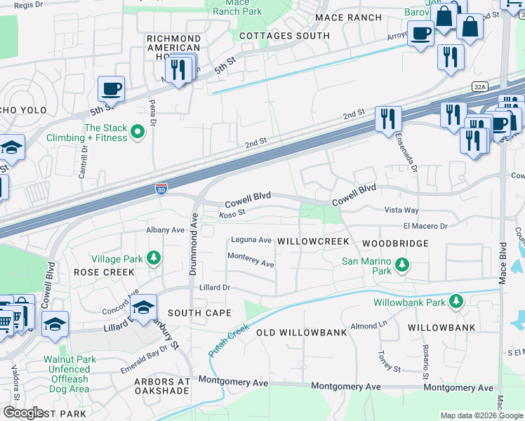 map of restaurants, bars, coffee shops, grocery stores, and more near 3534 Koso Street in Davis