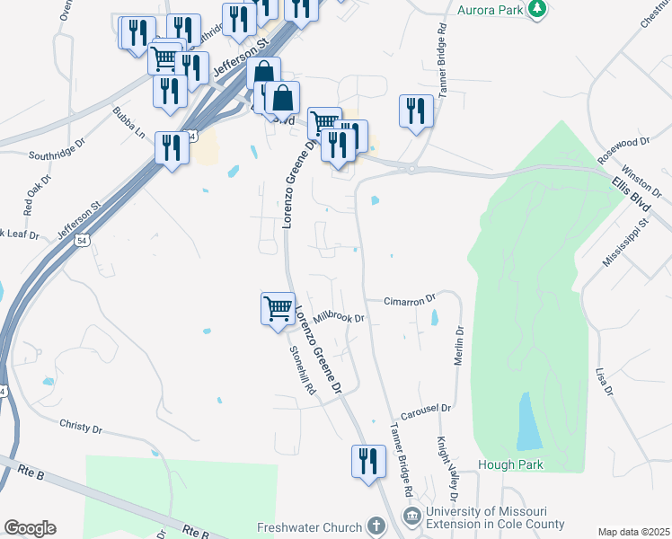 map of restaurants, bars, coffee shops, grocery stores, and more near 2105 Walz Court in Jefferson City