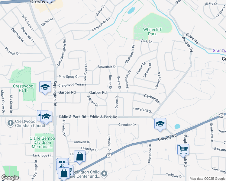 map of restaurants, bars, coffee shops, grocery stores, and more near 9368 Buxton Drive in St. Louis