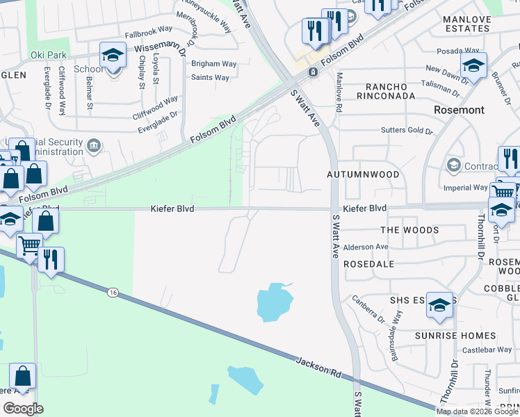 map of restaurants, bars, coffee shops, grocery stores, and more near Reith Court in Sacramento