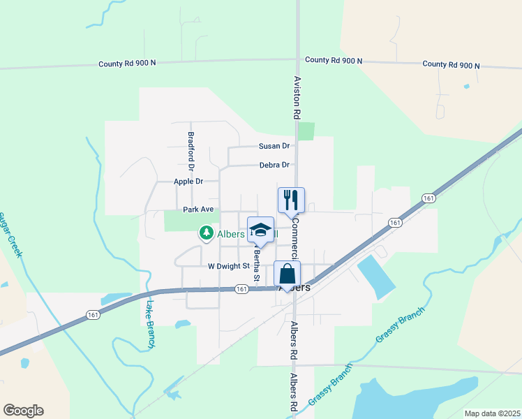 map of restaurants, bars, coffee shops, grocery stores, and more near 501 North Bertha Street in Albers
