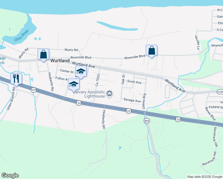 map of restaurants, bars, coffee shops, grocery stores, and more near 999 Madison St in Wurtland