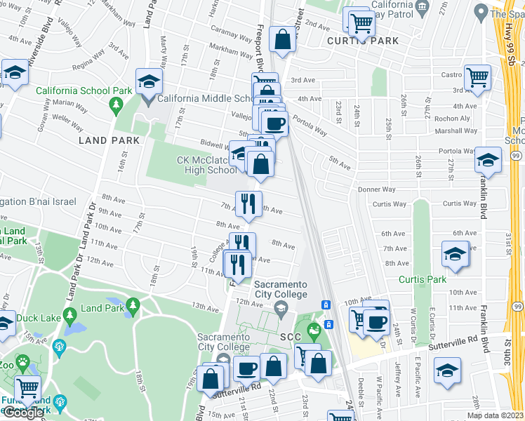 map of restaurants, bars, coffee shops, grocery stores, and more near 2106 6th Avenue in Sacramento
