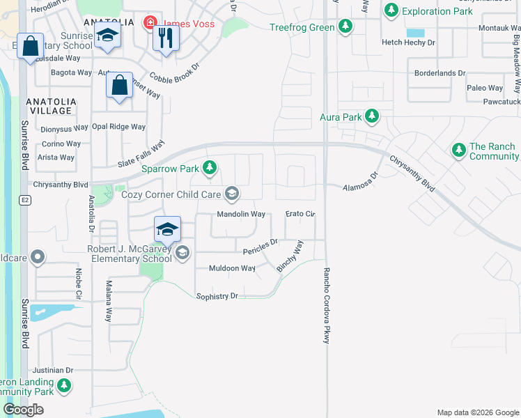 map of restaurants, bars, coffee shops, grocery stores, and more near 12001 Mandolin Way in Rancho Cordova