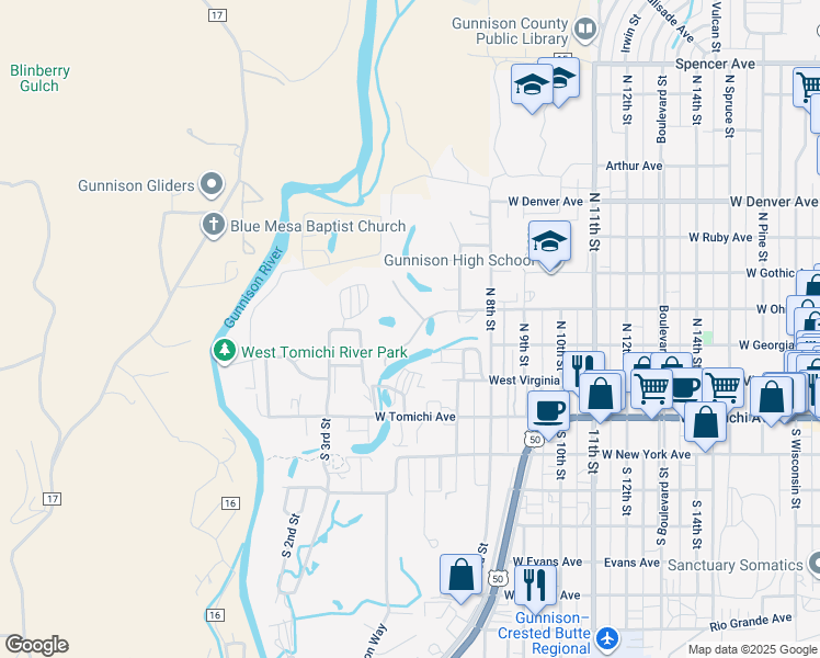 map of restaurants, bars, coffee shops, grocery stores, and more near 1313 West Ohio Avenue in Gunnison