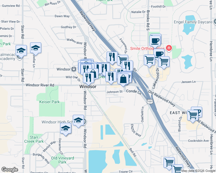 map of restaurants, bars, coffee shops, grocery stores, and more near 270 Windsor River Road in Windsor