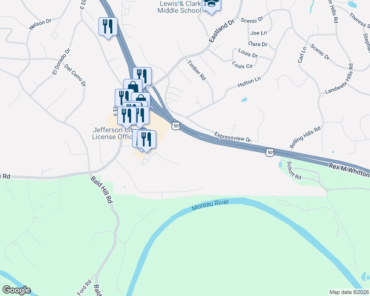 map of restaurants, bars, coffee shops, grocery stores, and more near US Highway 63 in Jefferson City