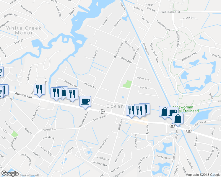 map of restaurants, bars, coffee shops, grocery stores, and more near 7 Jordyn Court in Ocean View