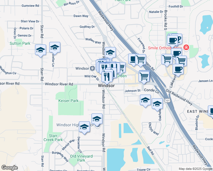 map of restaurants, bars, coffee shops, grocery stores, and more near in Windsor
