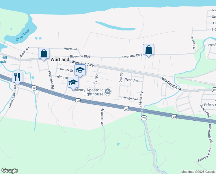 map of restaurants, bars, coffee shops, grocery stores, and more near 901-999 Madison St in Wurtland