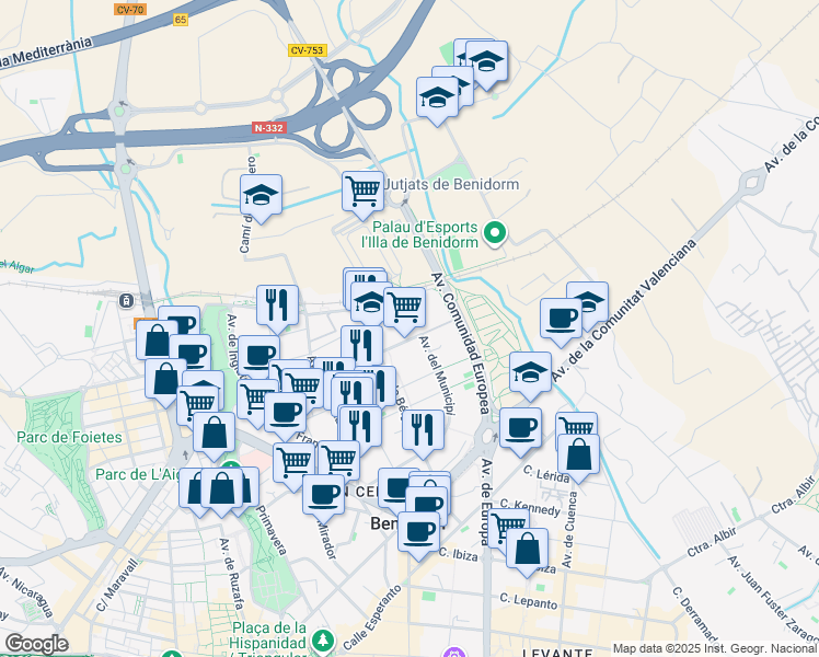 map of restaurants, bars, coffee shops, grocery stores, and more near 18 Avenida del Municipi in Benidorm