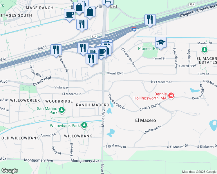 map of restaurants, bars, coffee shops, grocery stores, and more near 44048 North El Macero Drive in El Macero