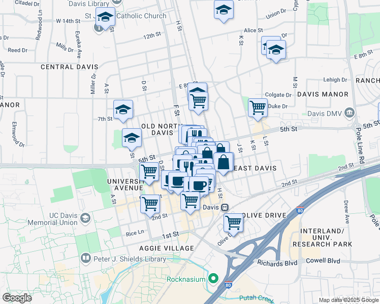 map of restaurants, bars, coffee shops, grocery stores, and more near 425 G Street in Davis