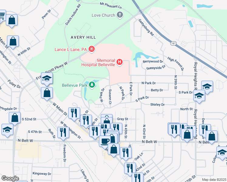 map of restaurants, bars, coffee shops, grocery stores, and more near 328 Susann Court in Belleville