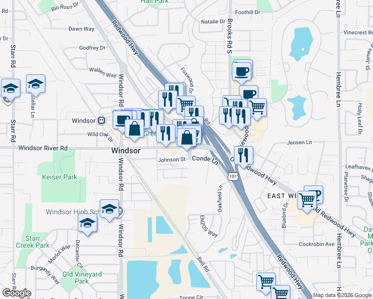 map of restaurants, bars, coffee shops, grocery stores, and more near 43 Johnson Street in Windsor
