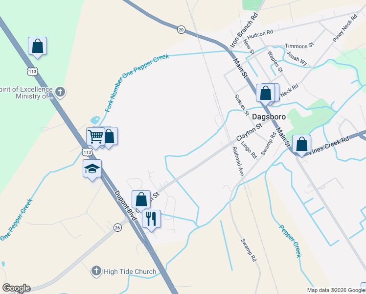 map of restaurants, bars, coffee shops, grocery stores, and more near 28386 Clayton Street in Dagsboro