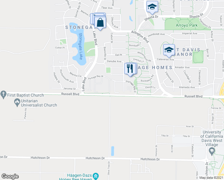 map of restaurants, bars, coffee shops, grocery stores, and more near 2727 Russell Boulevard in Davis