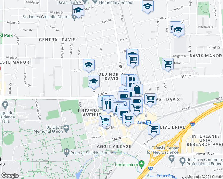 map of restaurants, bars, coffee shops, grocery stores, and more near 503 5th Street in Davis