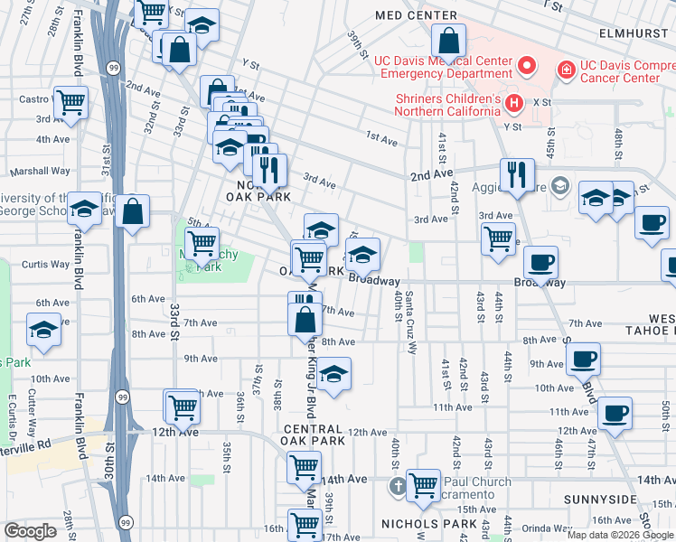 map of restaurants, bars, coffee shops, grocery stores, and more near in Sacramento