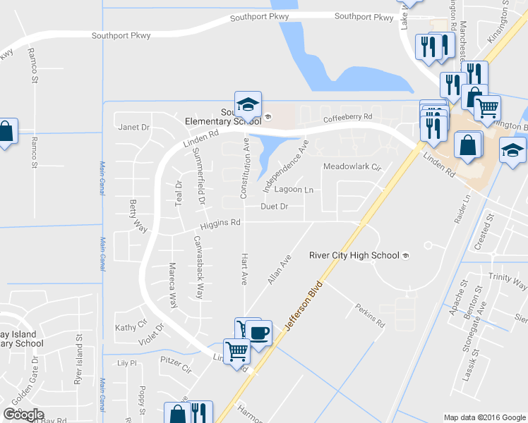 map of restaurants, bars, coffee shops, grocery stores, and more near 2604 Duet Drive in West Sacramento