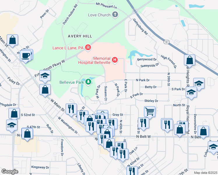 map of restaurants, bars, coffee shops, grocery stores, and more near 328 Susann Court in Belleville