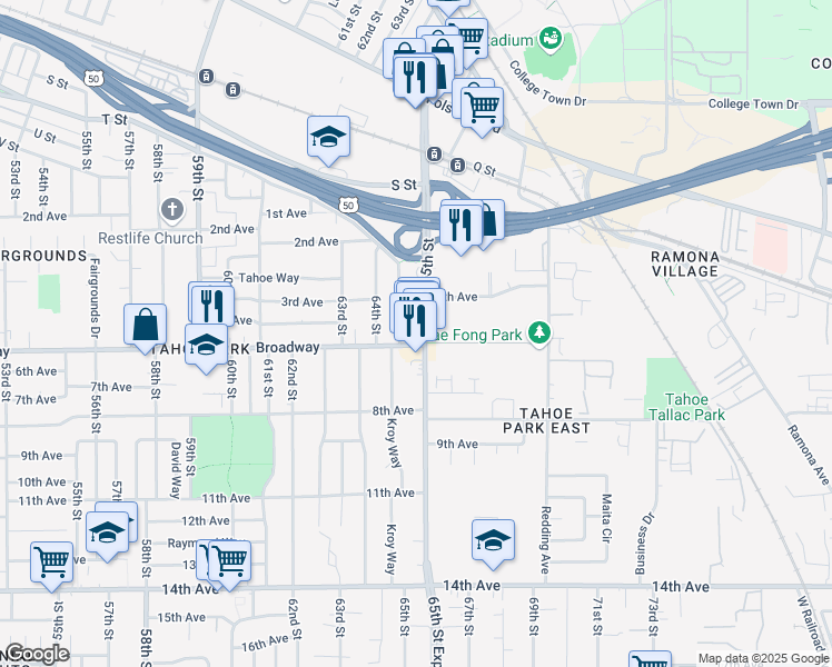 map of restaurants, bars, coffee shops, grocery stores, and more near 2992 65th Street in Sacramento