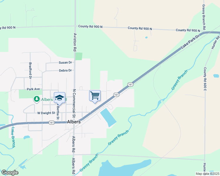 map of restaurants, bars, coffee shops, grocery stores, and more near 201 Meadowlark Drive in Albers