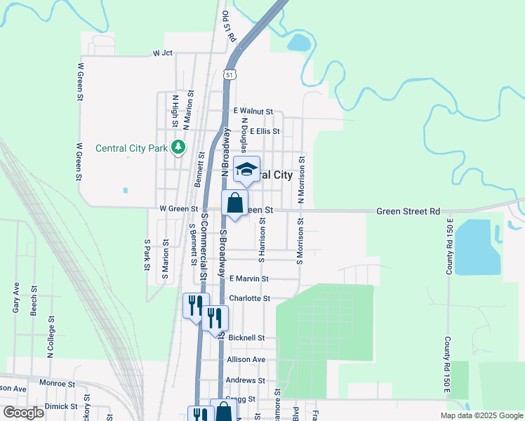 map of restaurants, bars, coffee shops, grocery stores, and more near 131 South Harrison Street in Centralia