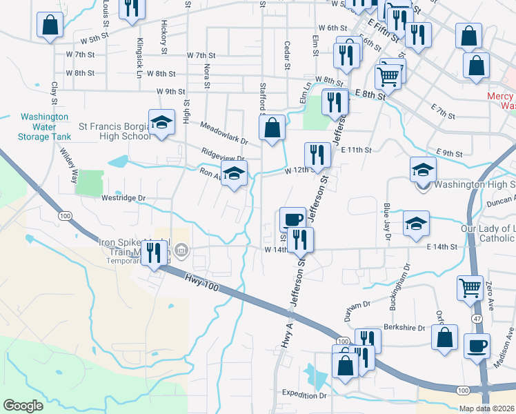 map of restaurants, bars, coffee shops, grocery stores, and more near 1301 Stafford Street in Washington