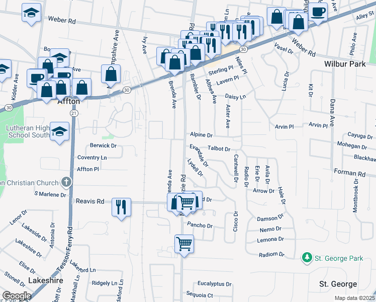 map of restaurants, bars, coffee shops, grocery stores, and more near 9561 Lydell Drive in Affton