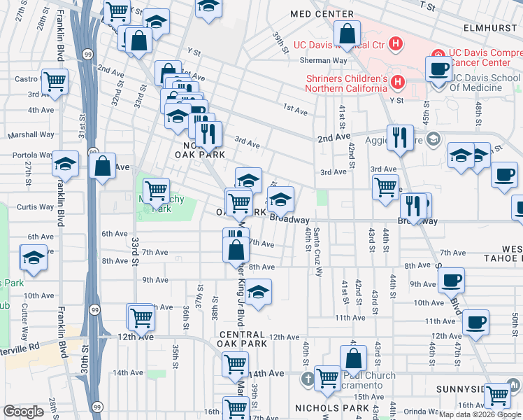 map of restaurants, bars, coffee shops, grocery stores, and more near in Sacramento