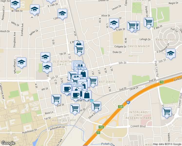 map of restaurants, bars, coffee shops, grocery stores, and more near 912 5th Street in Davis
