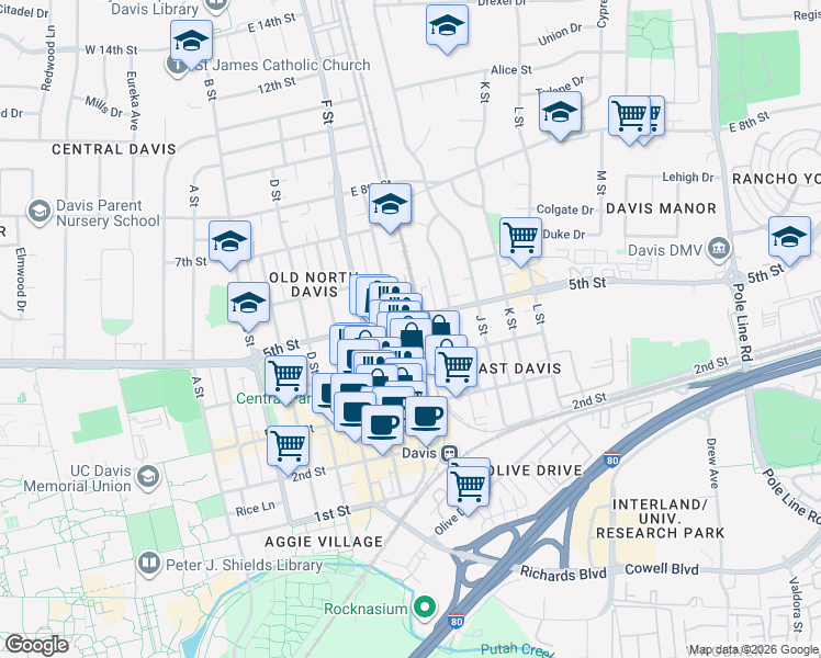 map of restaurants, bars, coffee shops, grocery stores, and more near 425 G Street in Davis