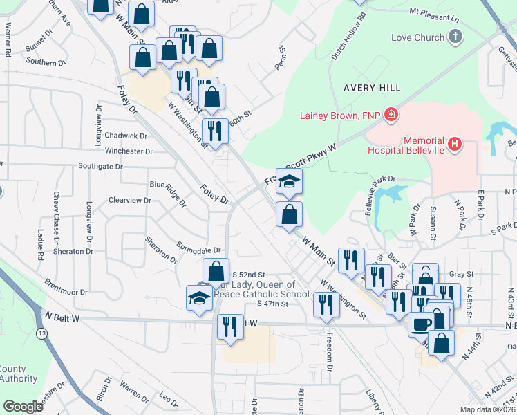 map of restaurants, bars, coffee shops, grocery stores, and more near 5510 West Main Street in Belleville