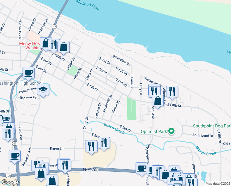 map of restaurants, bars, coffee shops, grocery stores, and more near 1646 East Fifth Street in Washington