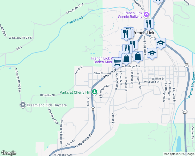 map of restaurants, bars, coffee shops, grocery stores, and more near Bennet Street in French Lick
