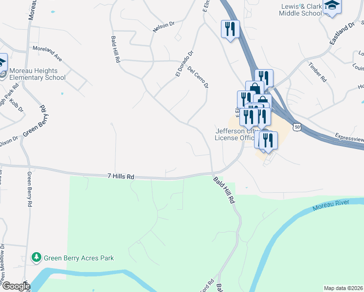 map of restaurants, bars, coffee shops, grocery stores, and more near 1924 Bald Hill Road in Jefferson City
