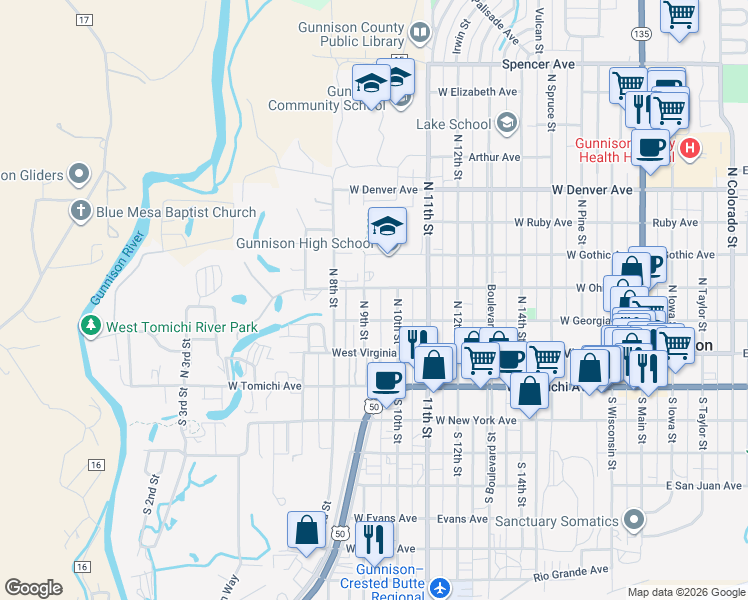 map of restaurants, bars, coffee shops, grocery stores, and more near 305 North 10th Street in Gunnison