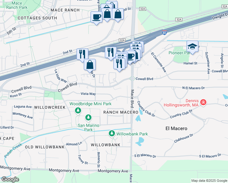 map of restaurants, bars, coffee shops, grocery stores, and more near 4424 Sunrise Court in Davis