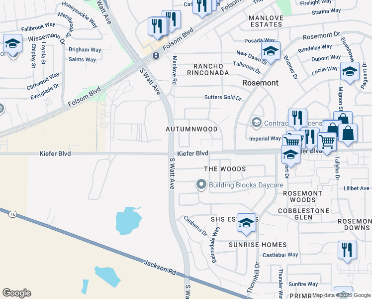 map of restaurants, bars, coffee shops, grocery stores, and more near 8912 Kiefer Boulevard in Sacramento
