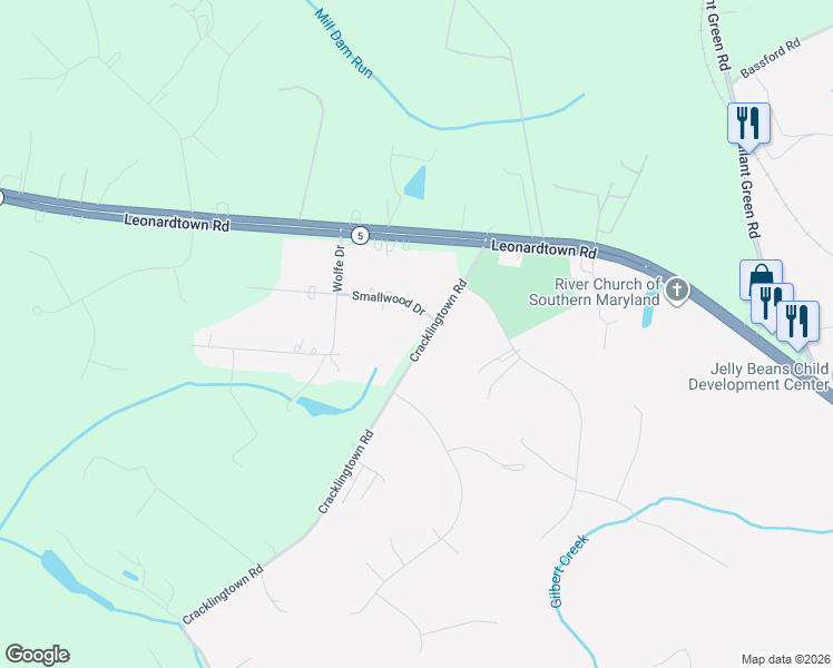 map of restaurants, bars, coffee shops, grocery stores, and more near 6005 Cracklingtown Road in Hughesville