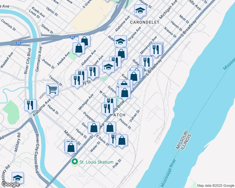 map of restaurants, bars, coffee shops, grocery stores, and more near Pennsylvania Ave & Schirmer St in St. Louis