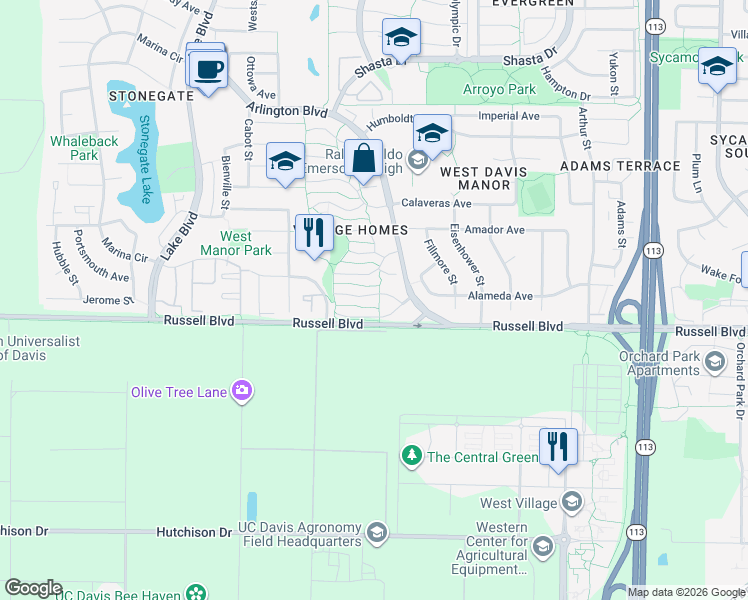 map of restaurants, bars, coffee shops, grocery stores, and more near 2402 Elendil Lane in Davis