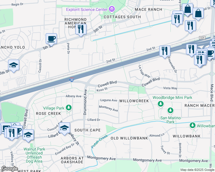 map of restaurants, bars, coffee shops, grocery stores, and more near 3455 Koso Street in Davis