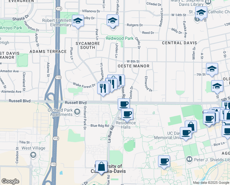 map of restaurants, bars, coffee shops, grocery stores, and more near 805 Russell Boulevard in Davis