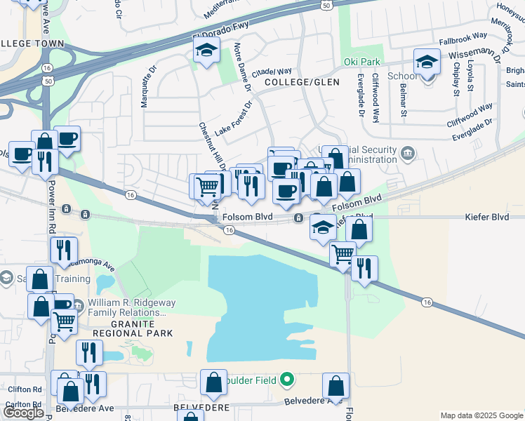 map of restaurants, bars, coffee shops, grocery stores, and more near 8351 Folsom Boulevard in Sacramento