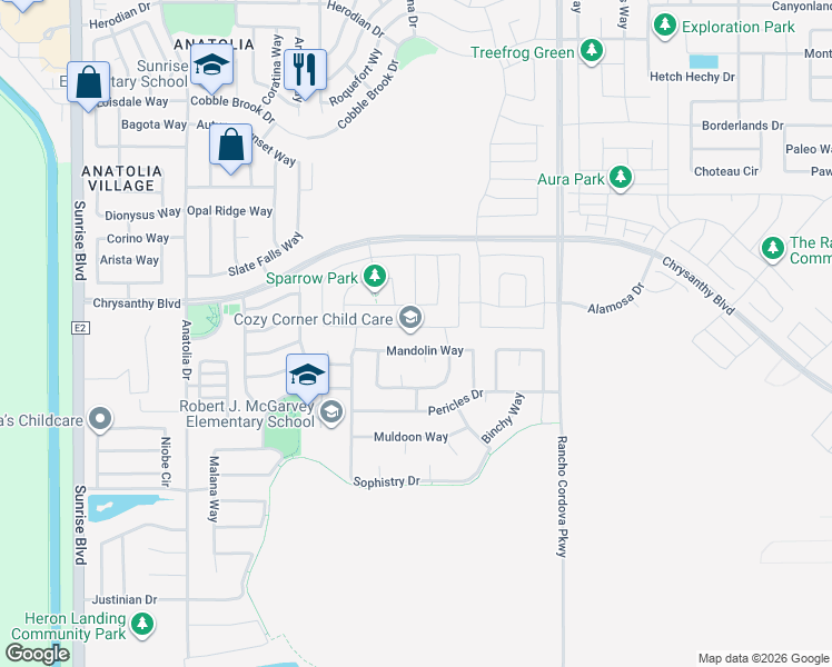 map of restaurants, bars, coffee shops, grocery stores, and more near 11975 Mandolin Way in Rancho Cordova