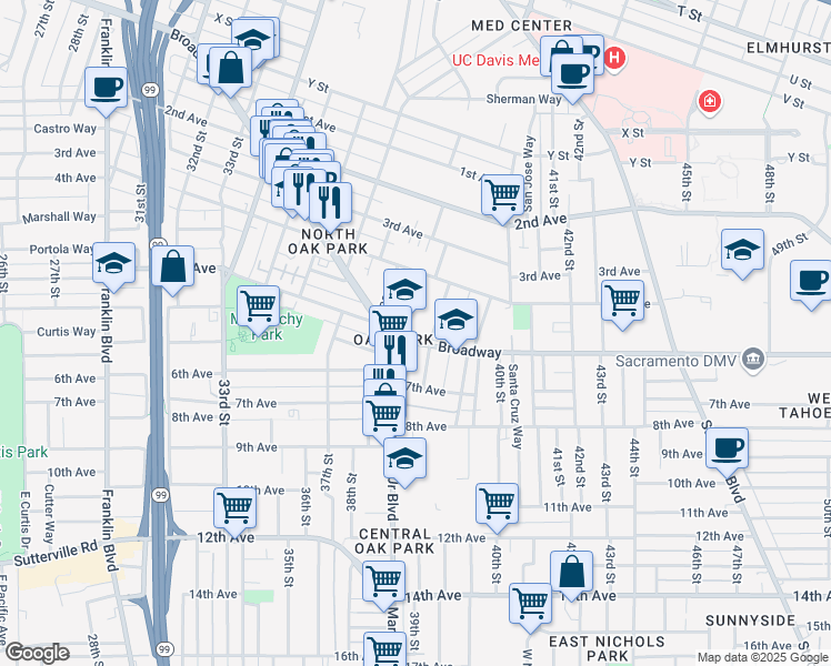 map of restaurants, bars, coffee shops, grocery stores, and more near in Sacramento